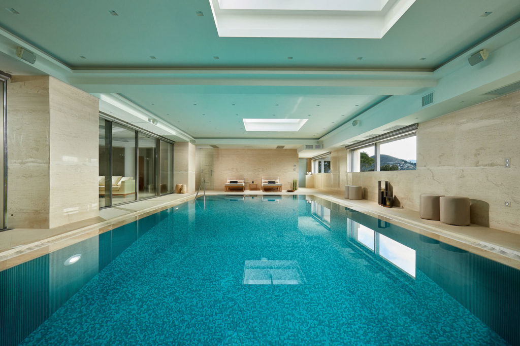 Interior pool with luxury materials at Santa Thekla villa Kefalonia