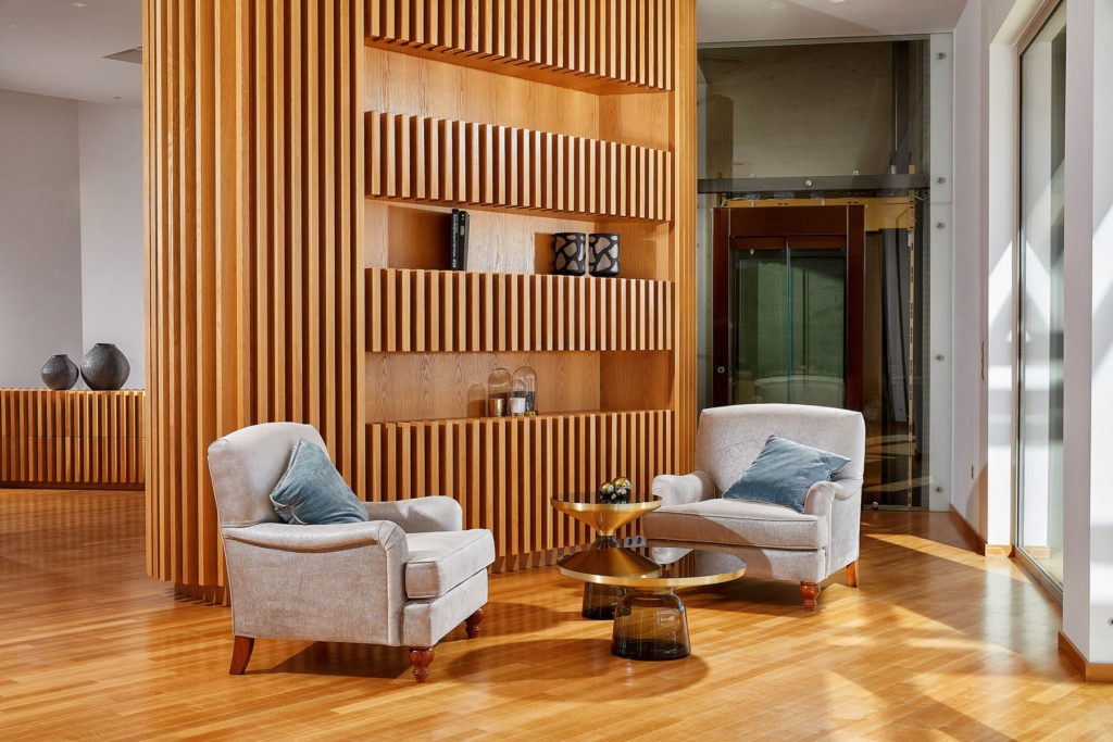 Luxury lounge at Santa Thekla villa with ambient sunlight
