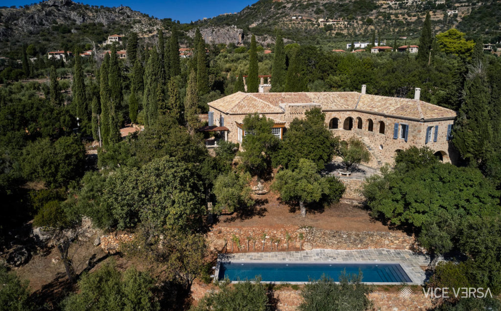 Aerial view of Patrick and Joan Leigh Fermor House in Kardamili