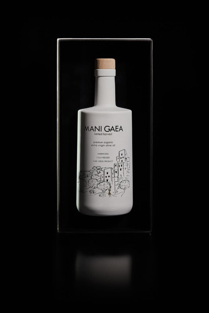 Mani Gaea olive oil bottle in black velvet-lined presentation box