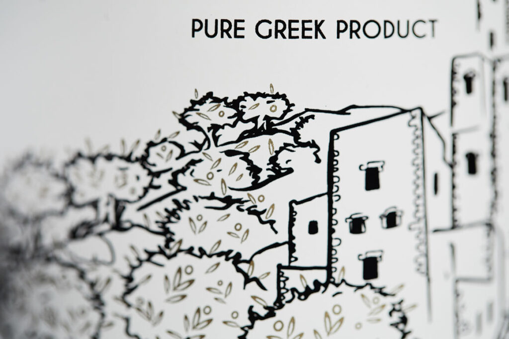 Mani Gaea bottle engraving with Mani landscape and olive trees