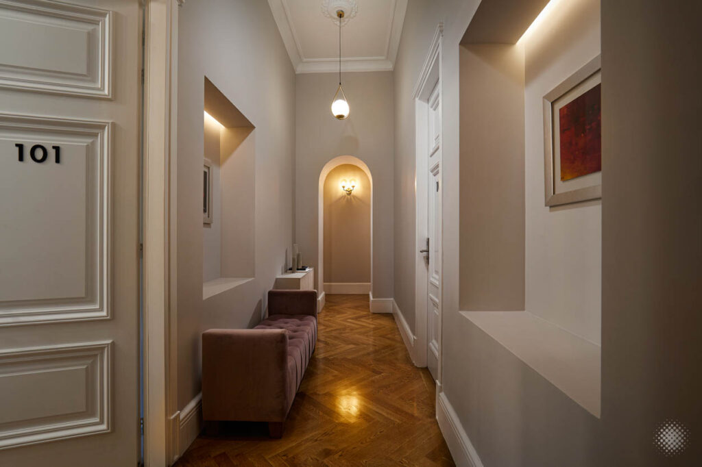 Atmospheric corridor interior at Mirame Hotel Athens