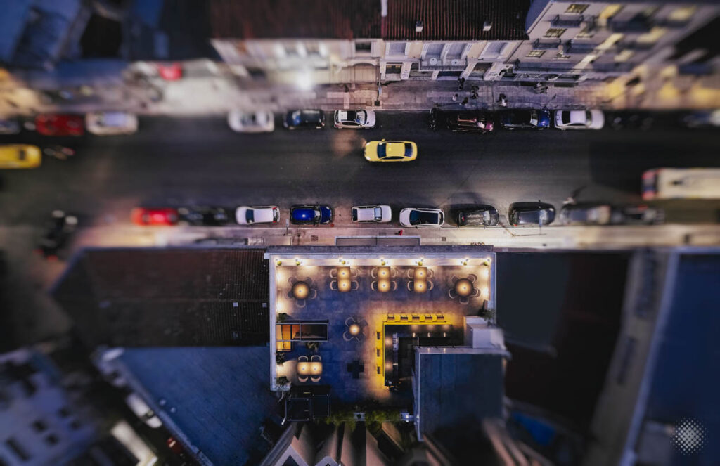 aerial night photography of Mirame dining area with surrounding streets