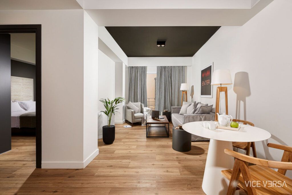 Living room and bedroom interior at Viola Residences Athens