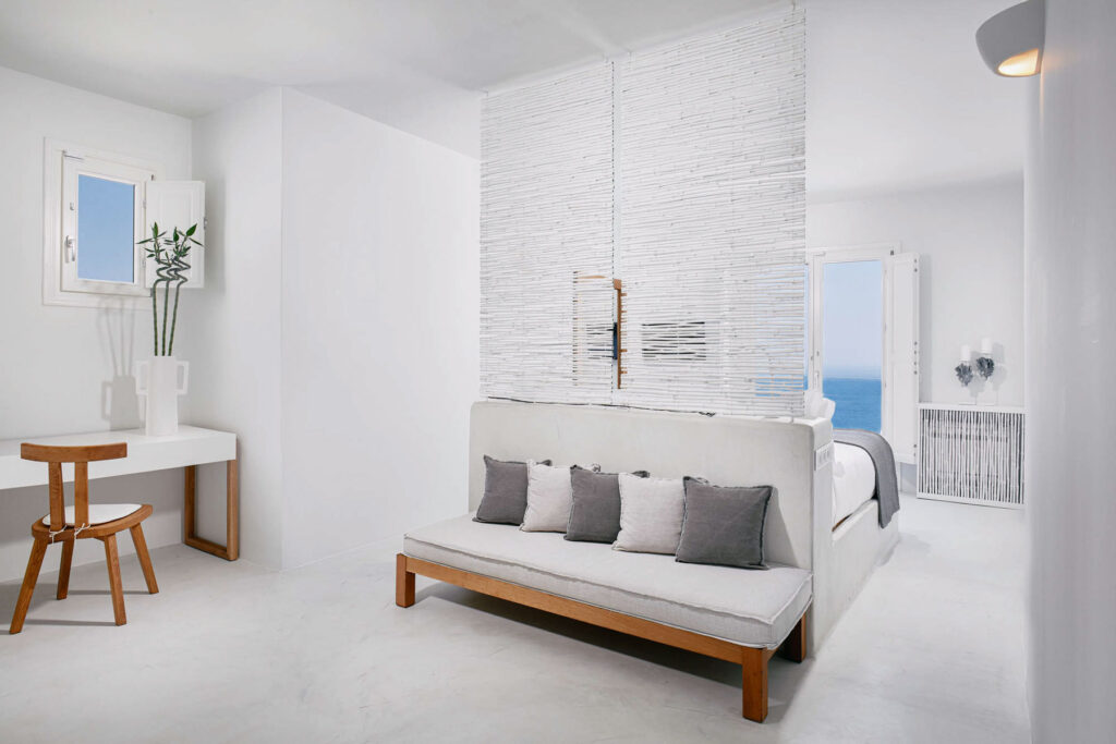 Nafsika Estate bedroom interior with sea view through the windows