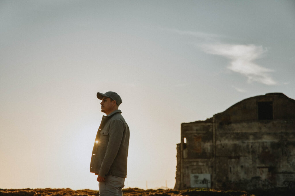 Environmental portrait of Nicolas Nikolakopoulos at an industrial ruin in Drapetsona