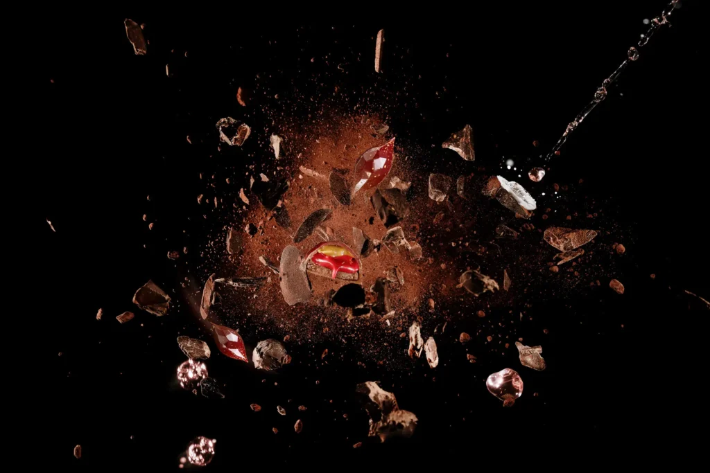 Callebaut chocolate block explosion with a bonbon layers and ingredients