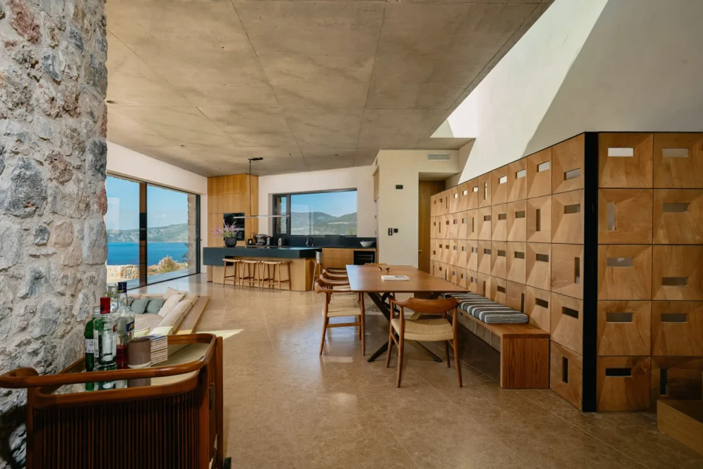 dining area and kitchen of a luxury villa in Kardamili