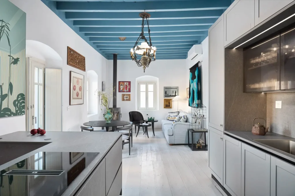 Kitchen and living room interior at The Monk Leros