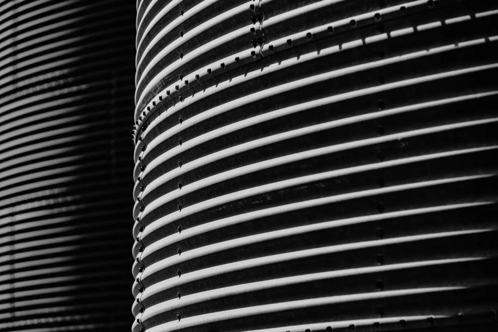 Black-and-white view of silos at Marras Mills in Corinth