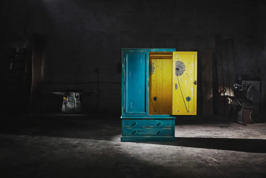 Bespoke turquoise and yellow wardrobe with furniture design drawings