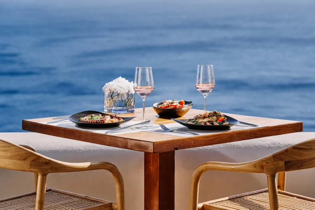 Charisma restaurant table setting overlooking the Santorini Caldera