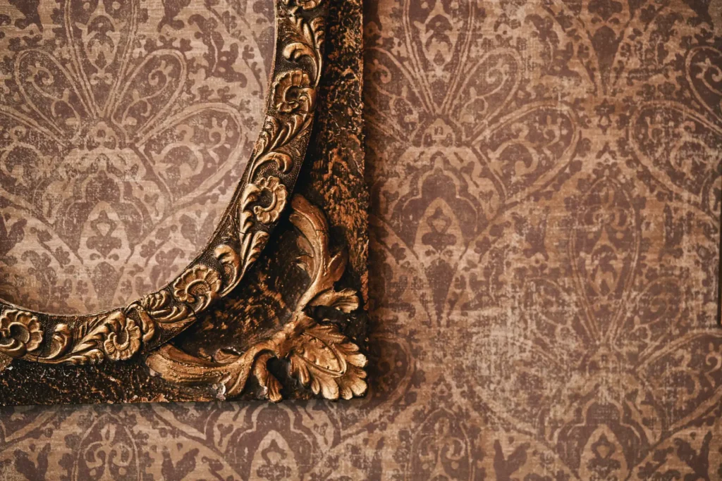 Wallpaper and suspended frame detail in boutique cafe interior