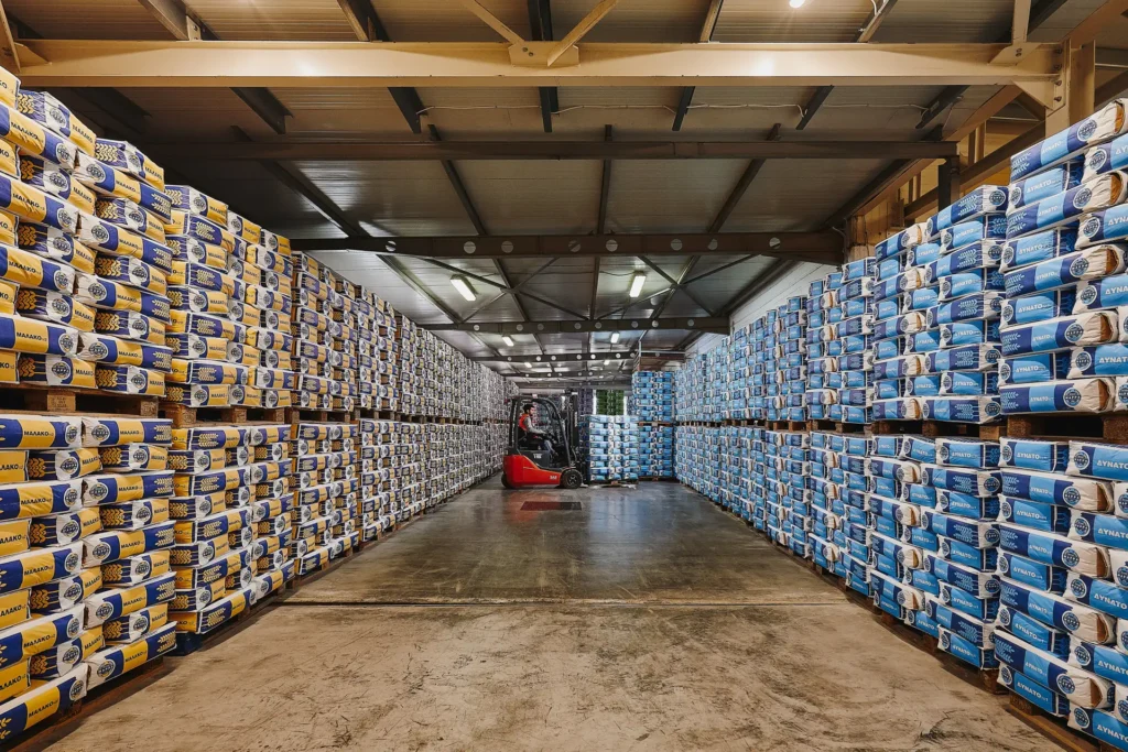 Forklift moving flour sacks inside Marras Mills