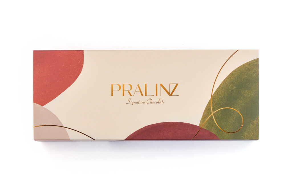 Luxury PRALINZ bonbon packaging photographed from above