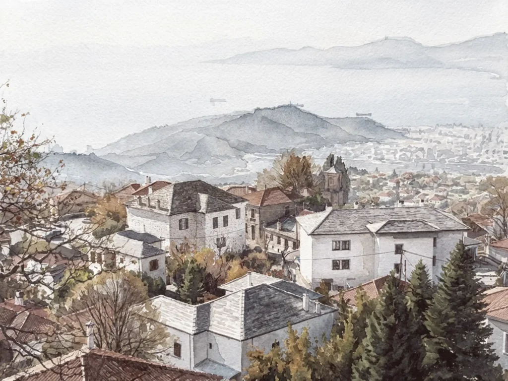 Watercolor aerial view of Despotiko hotel in Portaria, Pelion