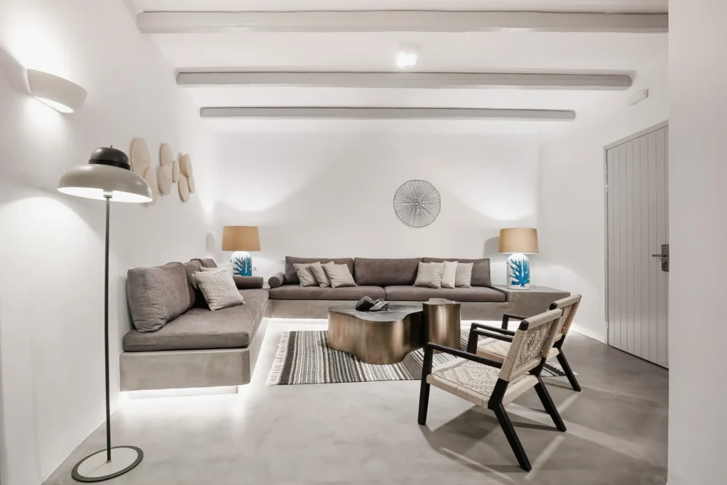 Living room details at Deep Earth Villas in Santorini