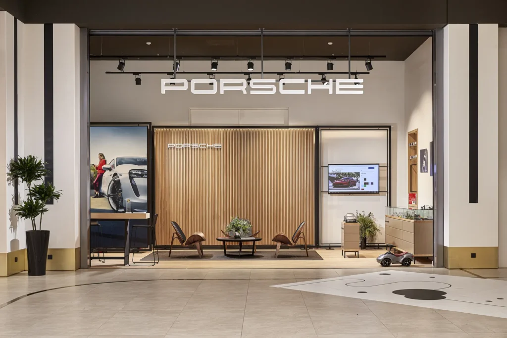Architectural view of Porsche pop-up store at Golden Hall