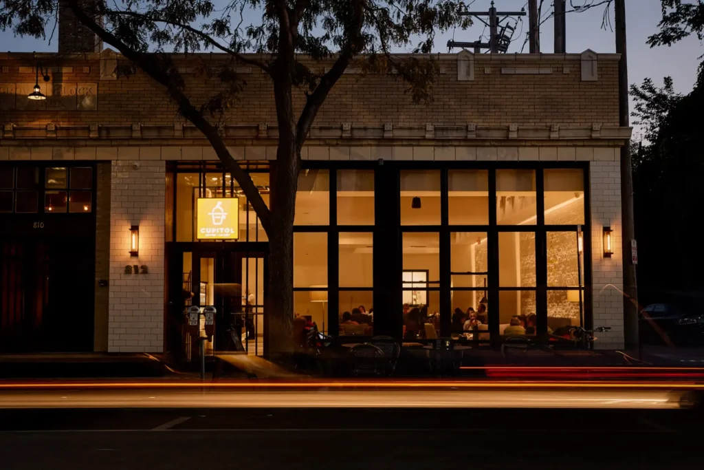 Night exterior of Cupitol in Evanston with light trails