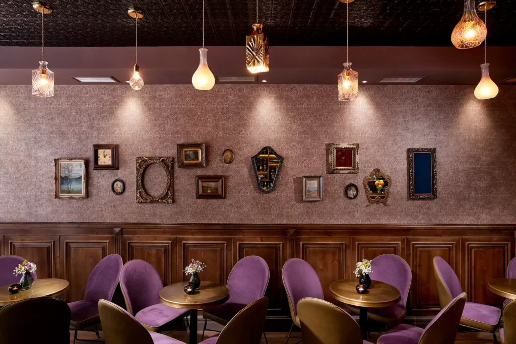 Main seating area of renovated boutique cafe in Karpenisi