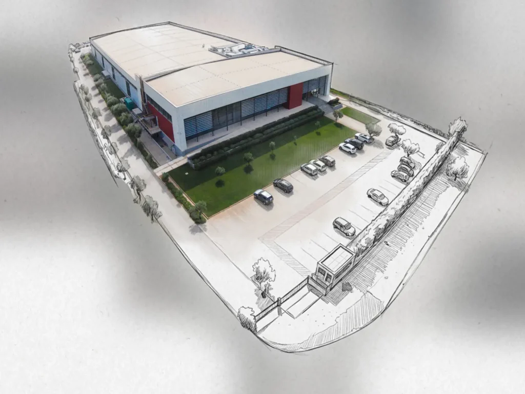 Corporate Photography for factories combining an aerial view of the Karydakis building with a sketch-style outline of its grounds