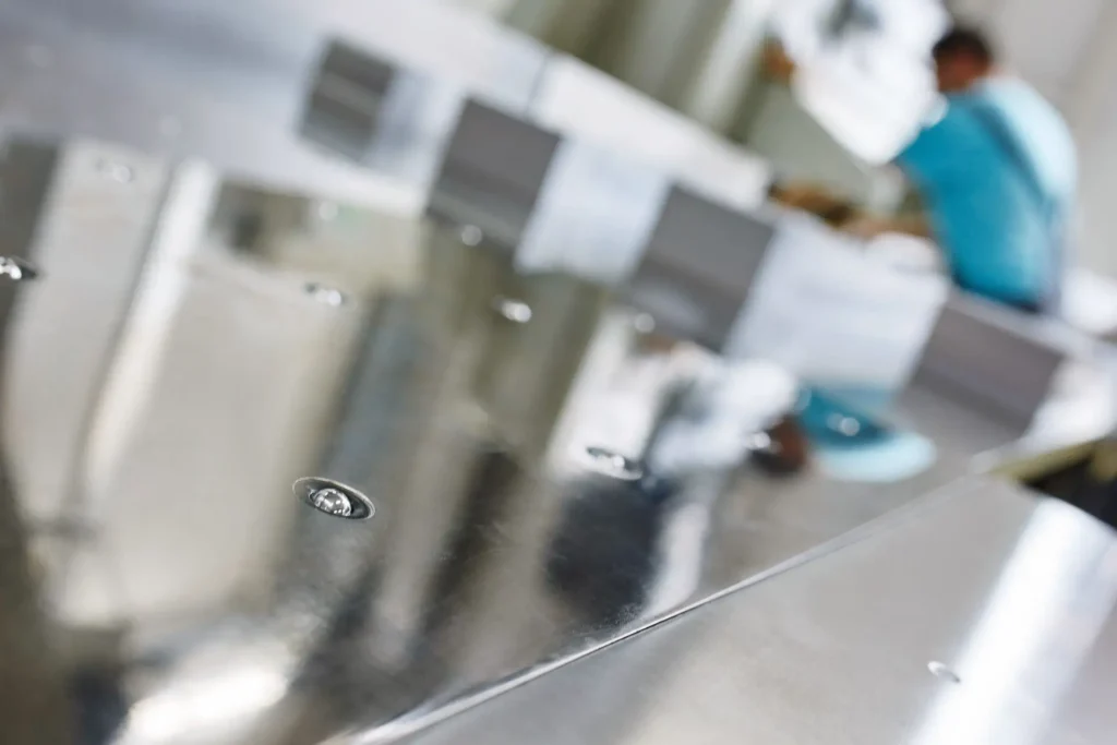 Close-up of a reflective metal machine surface with a printing facility worker blurred in the background