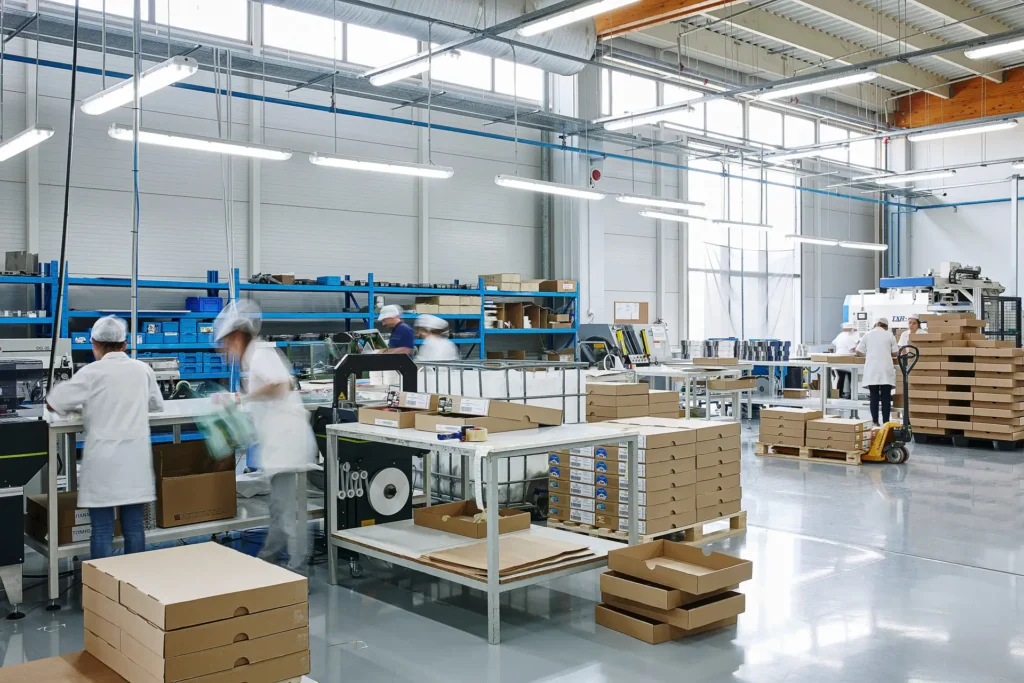 Printing facility workspace with operators in motion beside packing tables and stacked boxes