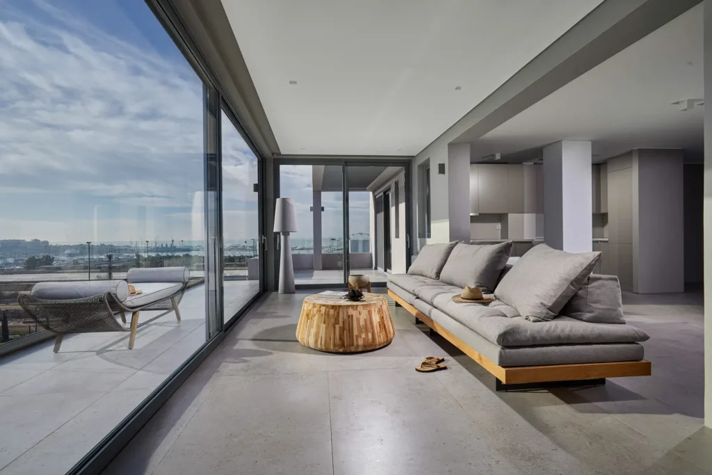 Luxury penthouse interior overlooking the Athenian Riviera and Saronic Gulf