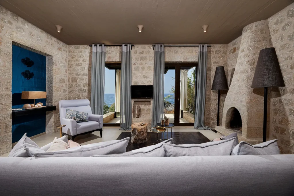 Villa Pelagia living room overlooking the Messinian Bay