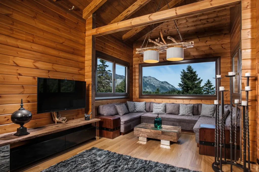 Warm timber interior of the main living room in a residential chalet in Arachova