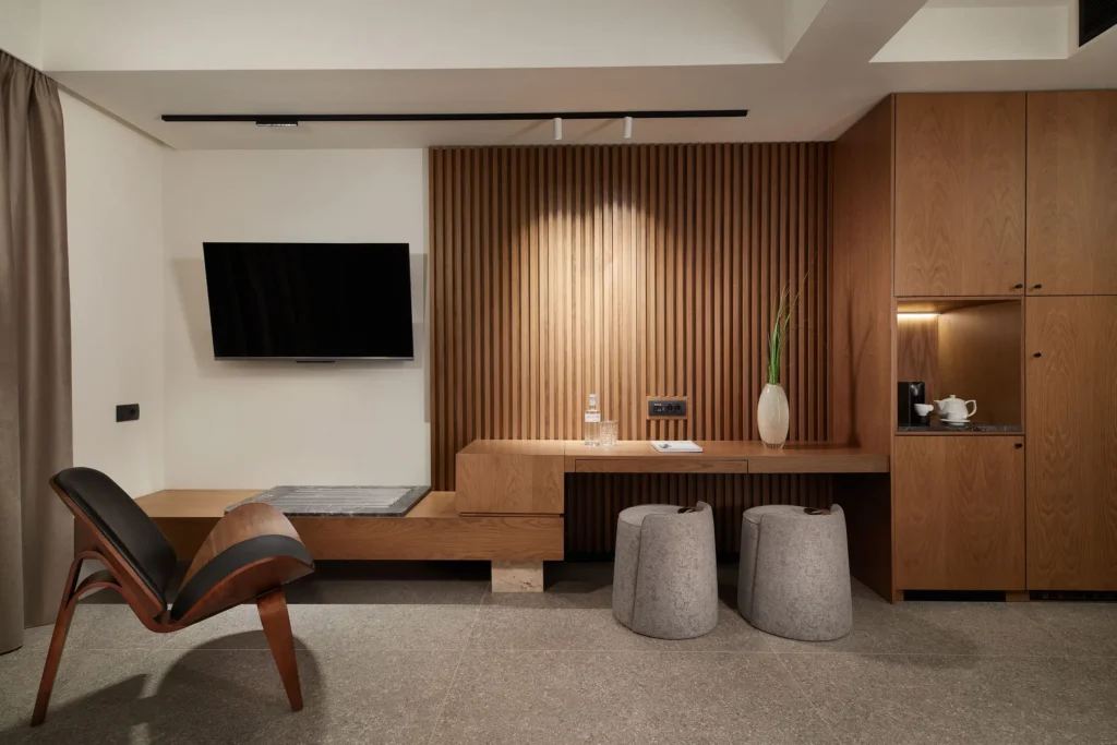 Lounge and desk area at Origami Boutique Residences Nafplio