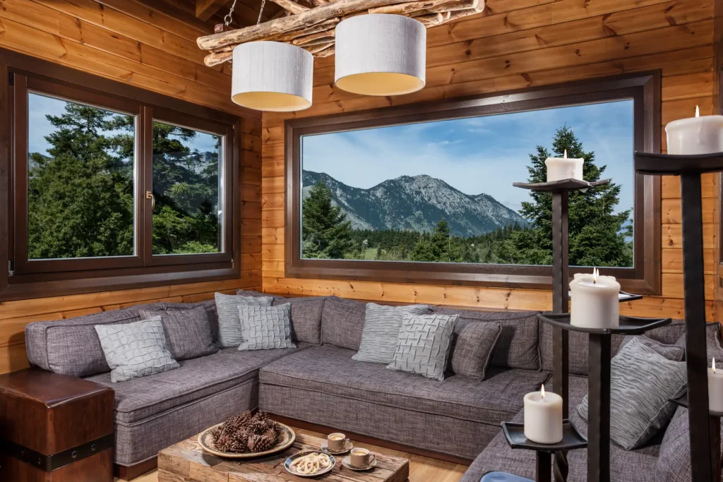 Alpine chalet interior, wide-angle view, Mount Parnassos