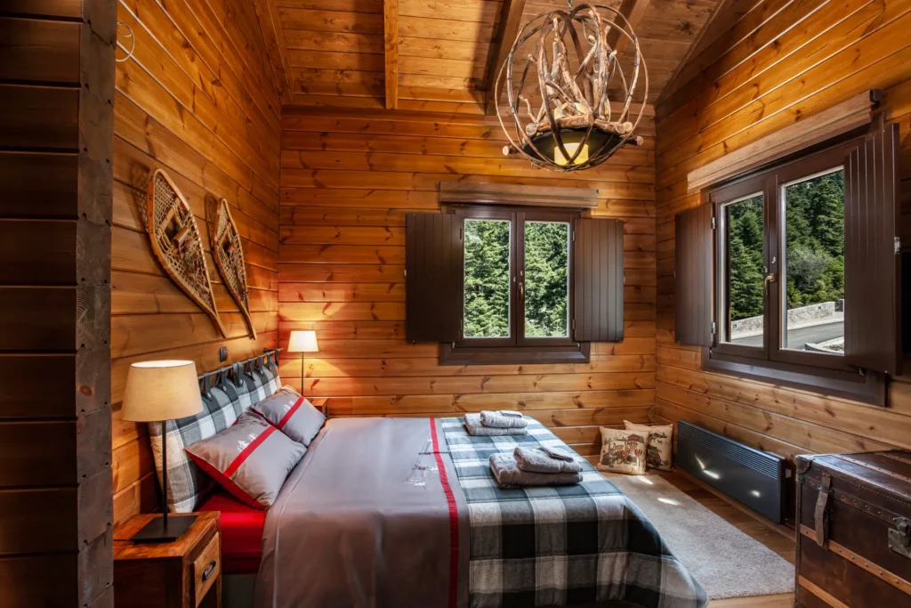 Mountain chalet interior, wide-angle view, Mount Parnassos