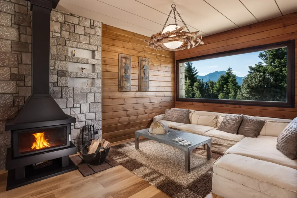 Mountain chalet interior, wide-angle view, Mount Parnassos