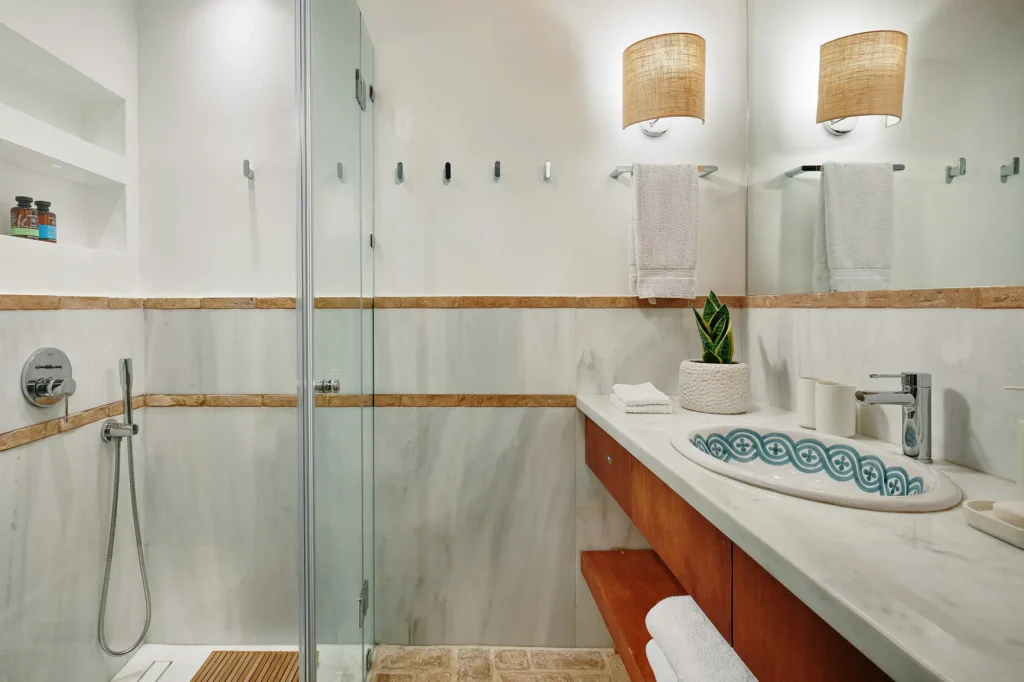 Villa Halioussa bathroom with marble and hand-painted porcelain basin