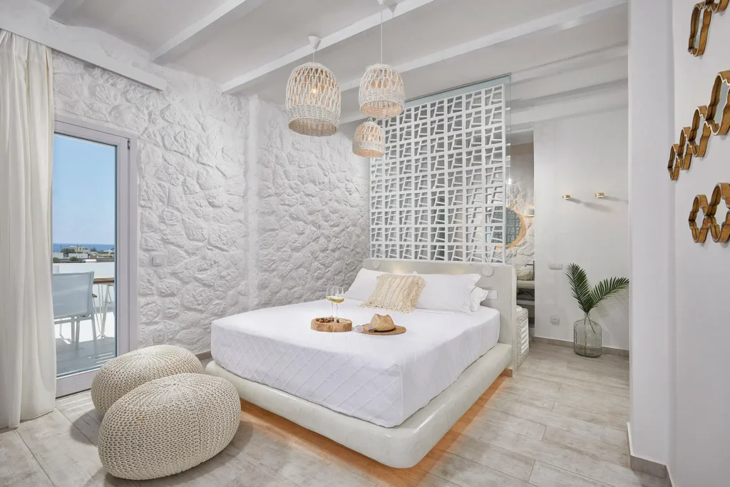 Guest bedroom at Petri Suites with sea view