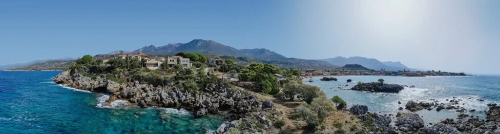 Villa Pelagia Mani aerial panorama, coastal setting, Stoupa