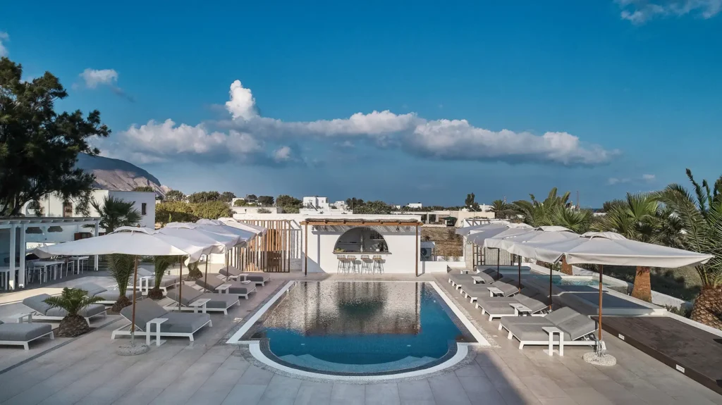 Aerial view of the pool area at Petri Suites in Santorini