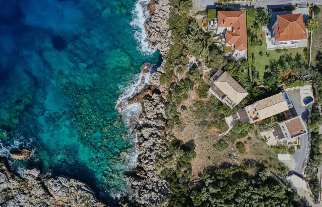 Villa Pelagia Mani aerial, coastal setting, Stoupa