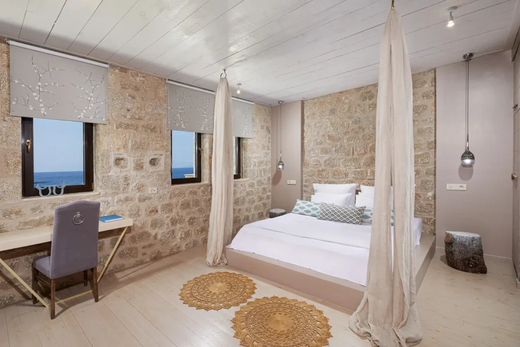 Guest bedroom interior at Villa Pelagia Mani, daylight