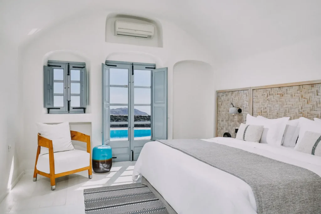 Guest room interior at Vedema Luxury Collection Resort Santorini