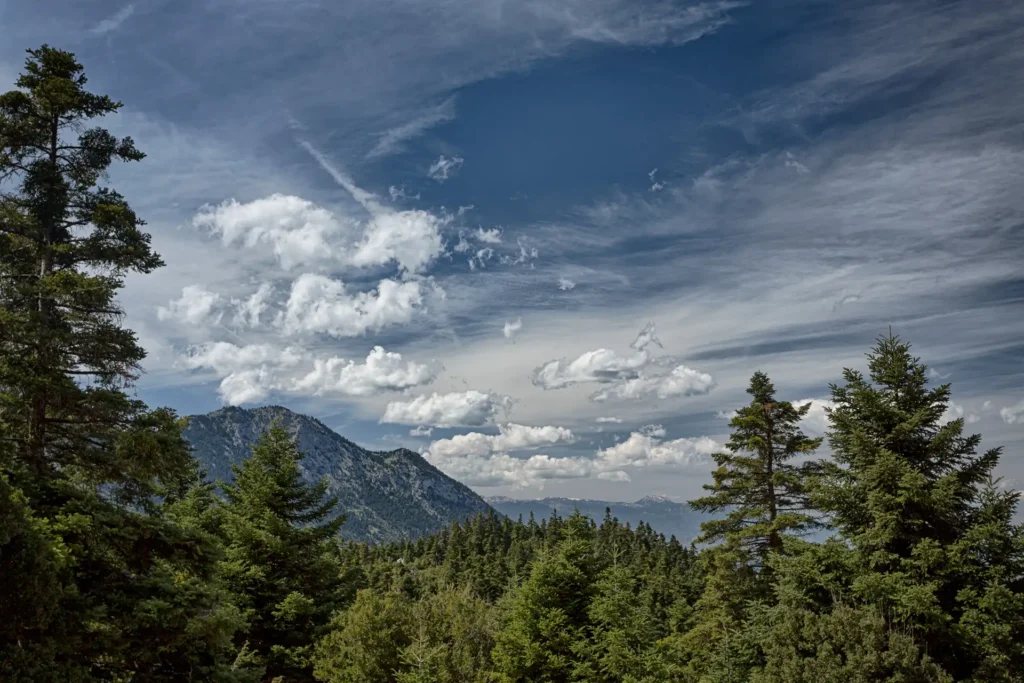 Mountain landscape viewed from the residential chalets in Arachova, Mount Parnassos