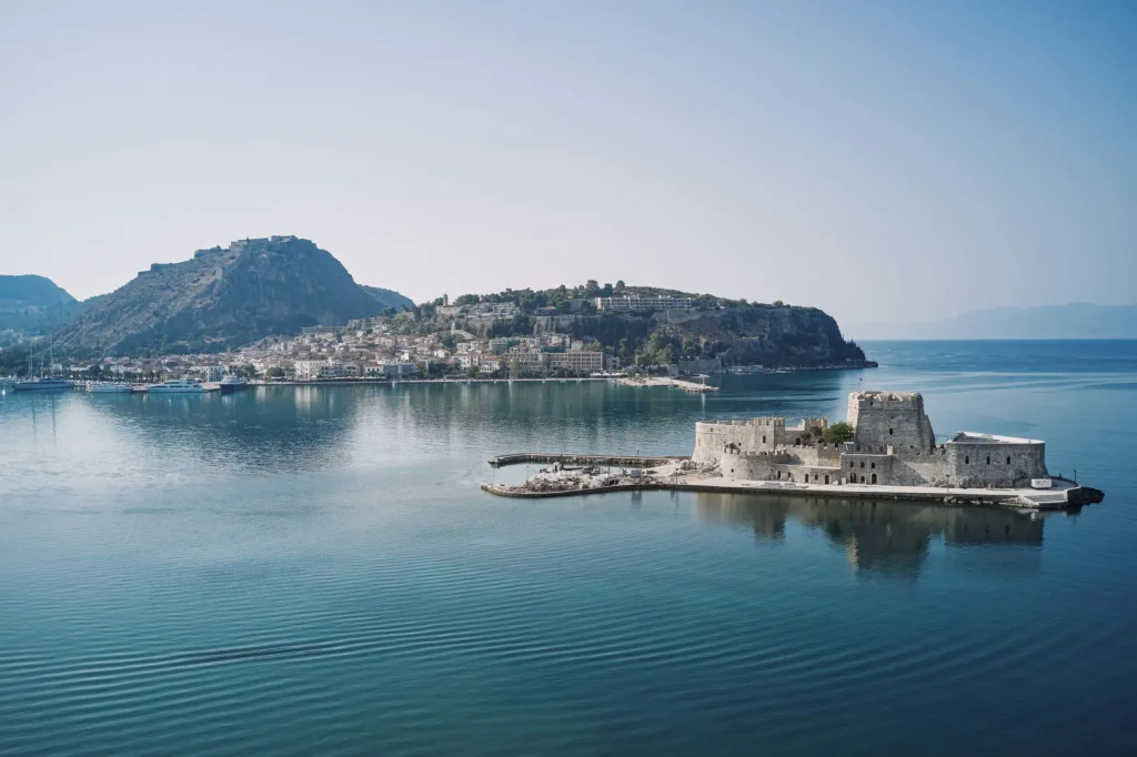 Aerial view of Bourtzi in Nafplio for Origami Boutique Residences