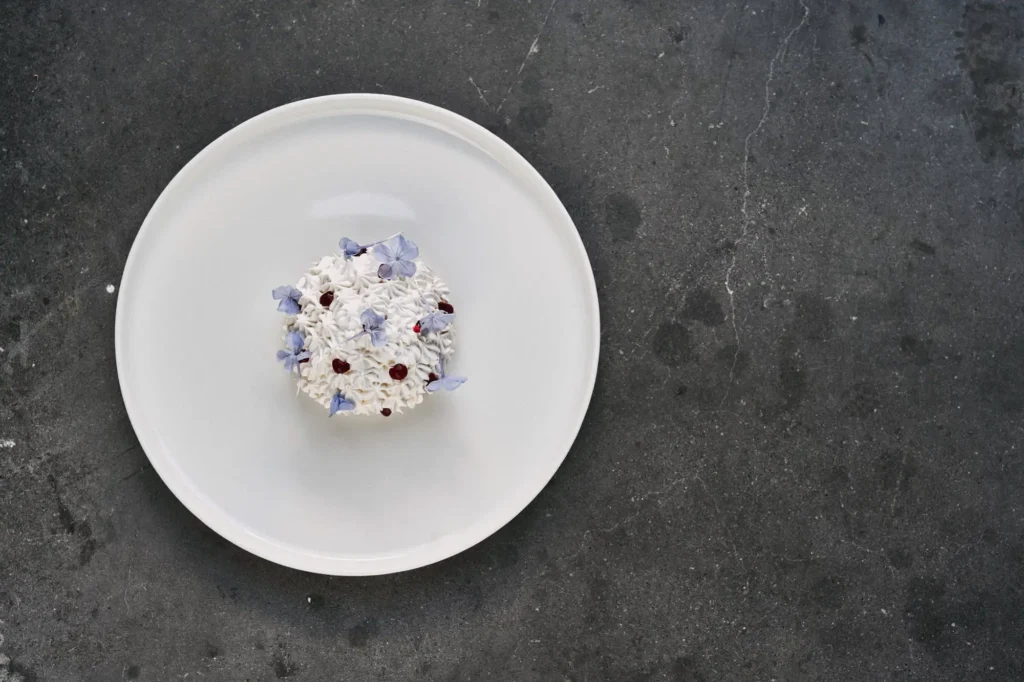 Top-view fine dining dessert with creative plating at Alati Restaurant