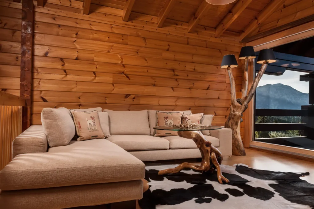 Alpine chalet interior, wide-angle view, Mount Parnassos