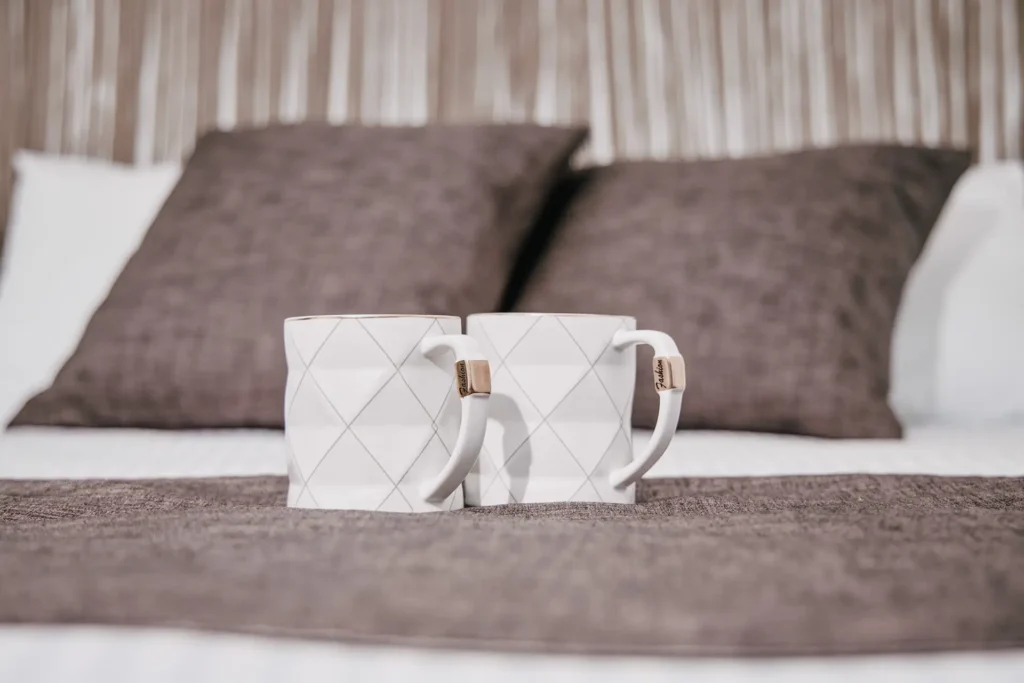 bed set up with cups
