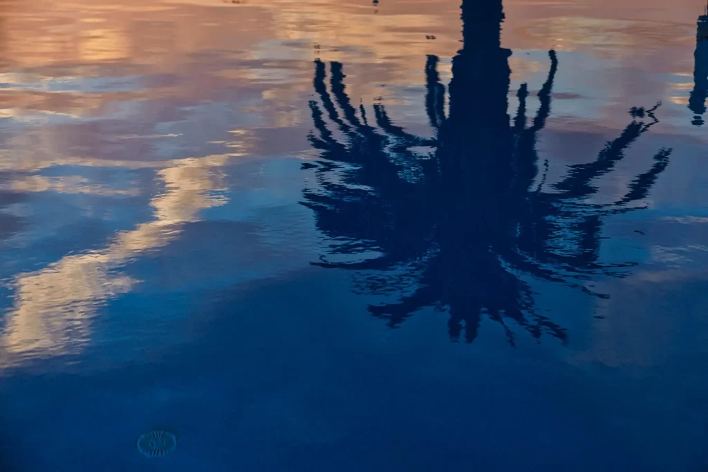 Palm tree sunset reflection on the pool at Galaxy Hotel Naxos