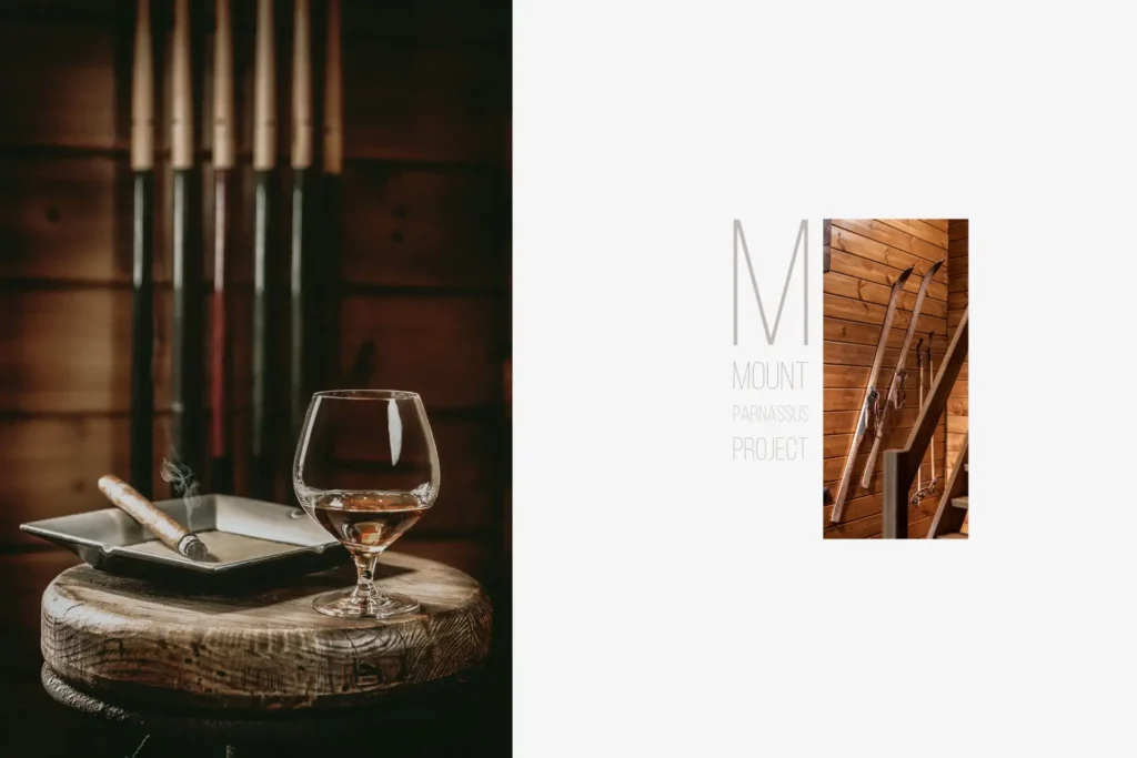 Mountain chalet interior, wide-angle view, Mount Parnassos