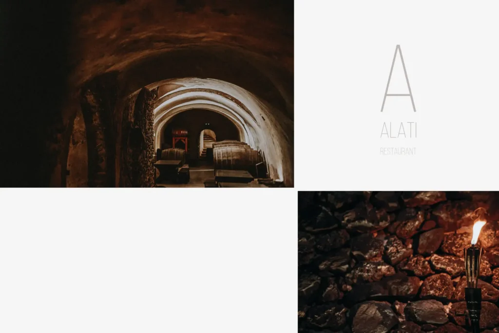 Restored winery dining space at Alati Santorini