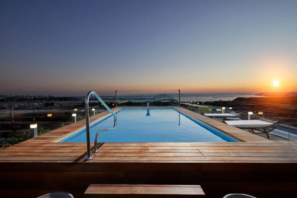 Crystal Waters pool at sunset on the Athenian Riviera